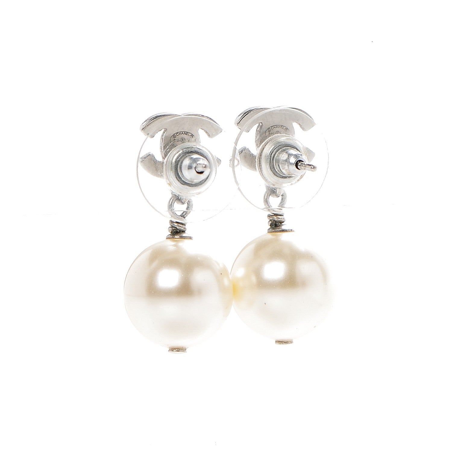 Chanel Crystal Pearl CC Drop Earrings Silver 3 of 5