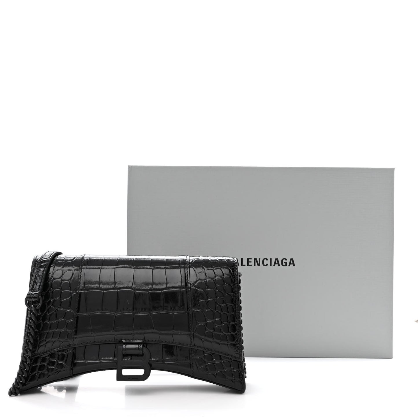Shiny Calfskin Monochrome Crocodile Embossed Small Hourglass Evening Chain Bag Black