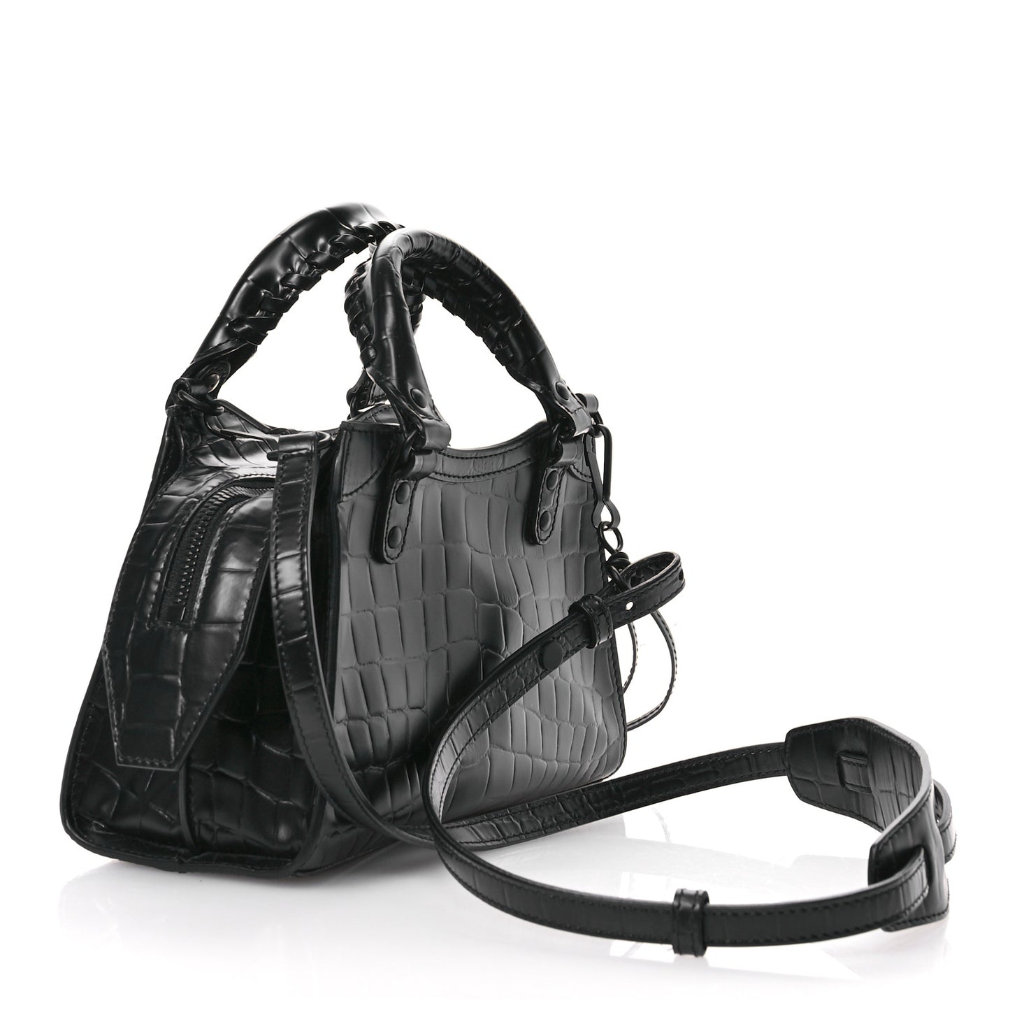 Semi Shiny Calfskin Crocodile Embossed Neo Classic Black Hardware Mini City Black