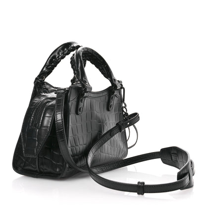 Balenciaga Semi Shiny Calfskin Crocodile Embossed Neo Classic Black Hardware Mini City Black 3 of 10