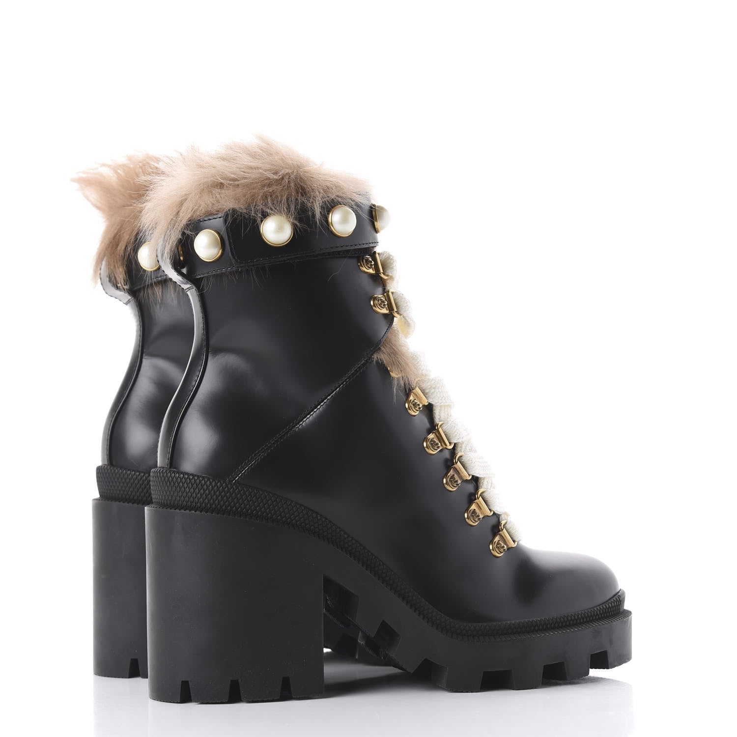 Gucci Magnum Calfskin Fur Pearl Lace Up Combat Ankle Boots 36 Black Naturale 4 of 8