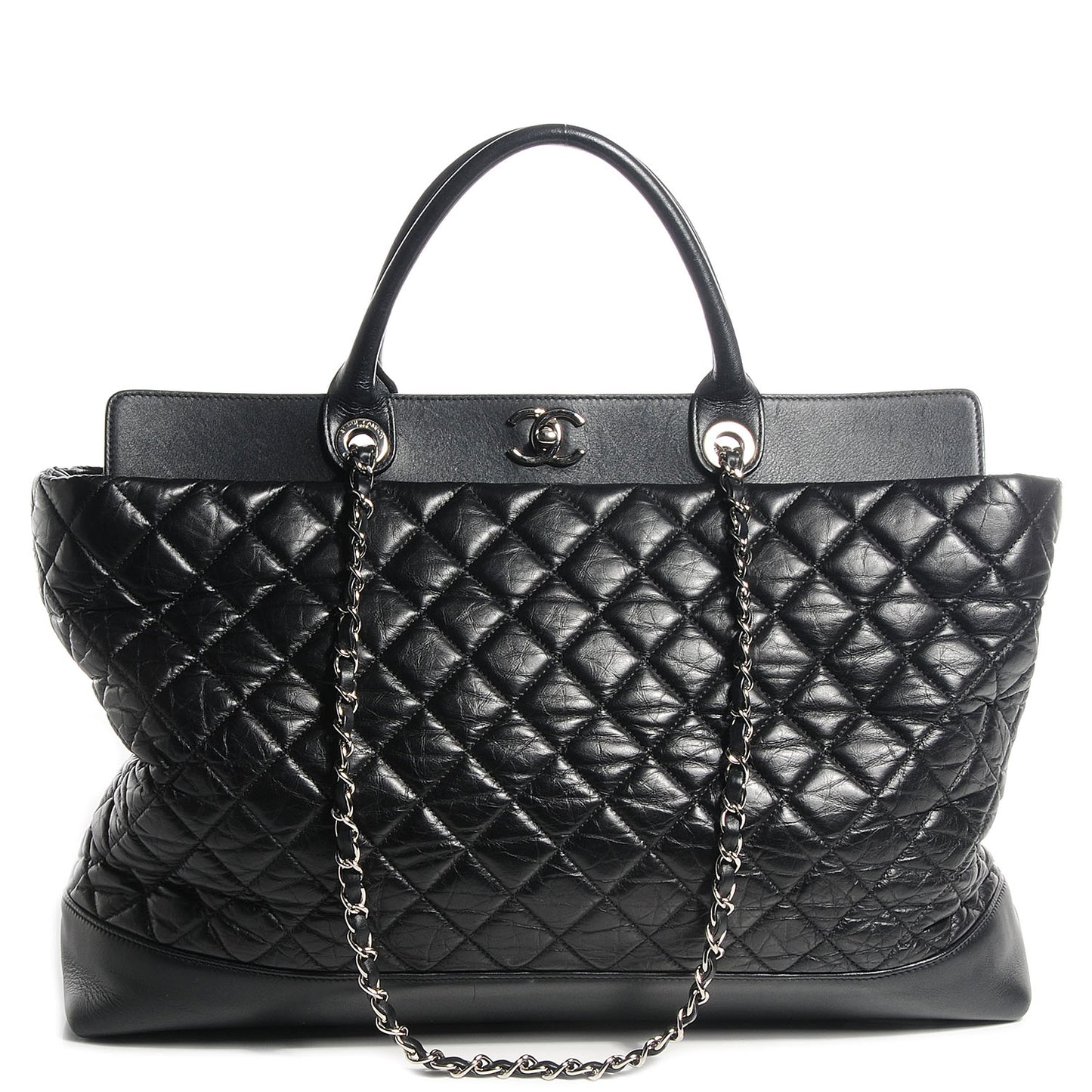 Aged Calfskin Quilted Be CC Tote Black