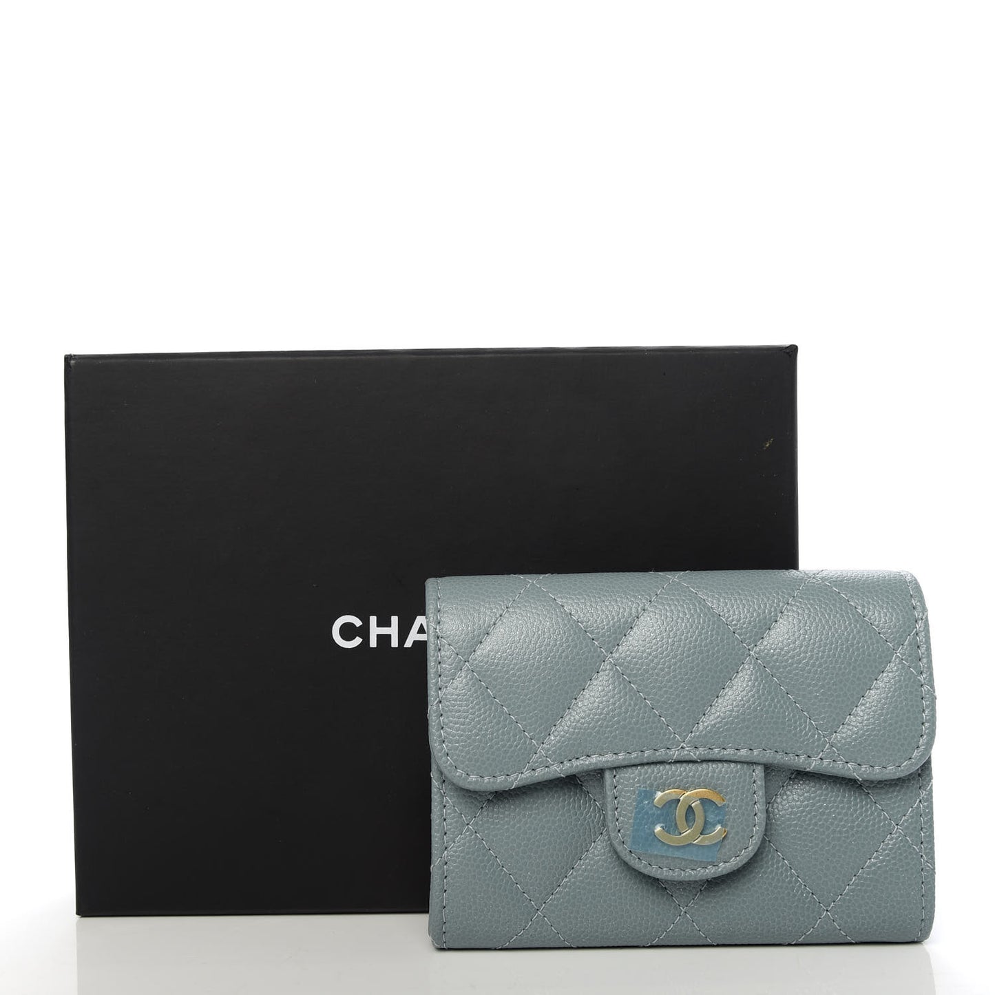 Iridescent Caviar Quilted Flap Card Holder Wallet Light Blue