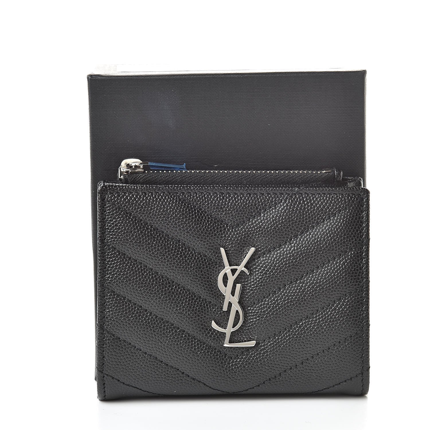 Saint Laurent Grain De Poudre Matelasse Chevron Monogram Zipped Card Case Black 8 of 8
