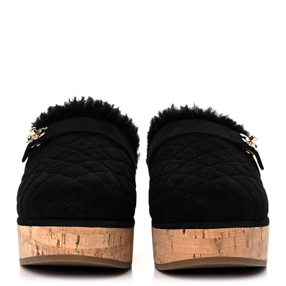 Chanel Suede Calfskin Shearling Turn Lock Clogs 38 Black 2 of 8