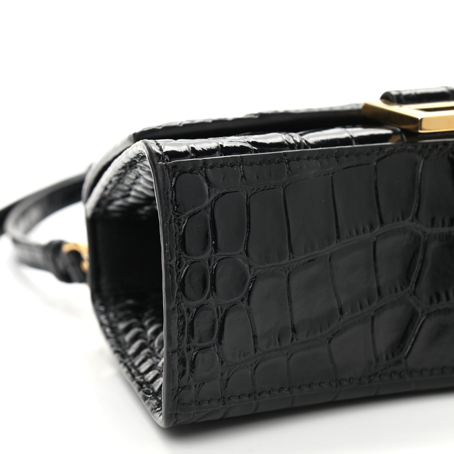 Shiny Calfskin Crocodile Embossed Hourglass Top Handle Bag XS Black