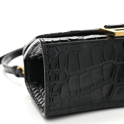 Balenciaga Shiny Calfskin Crocodile Embossed Hourglass Top Handle Bag XS Black 8 of 9