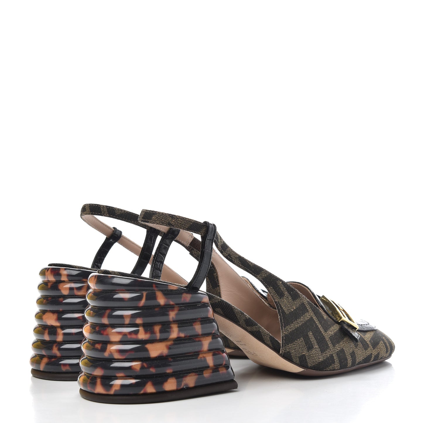 Jacquard Calfskin FF Tortoise Promenade Slingback Loafer Pumps 38.5 Tobacco