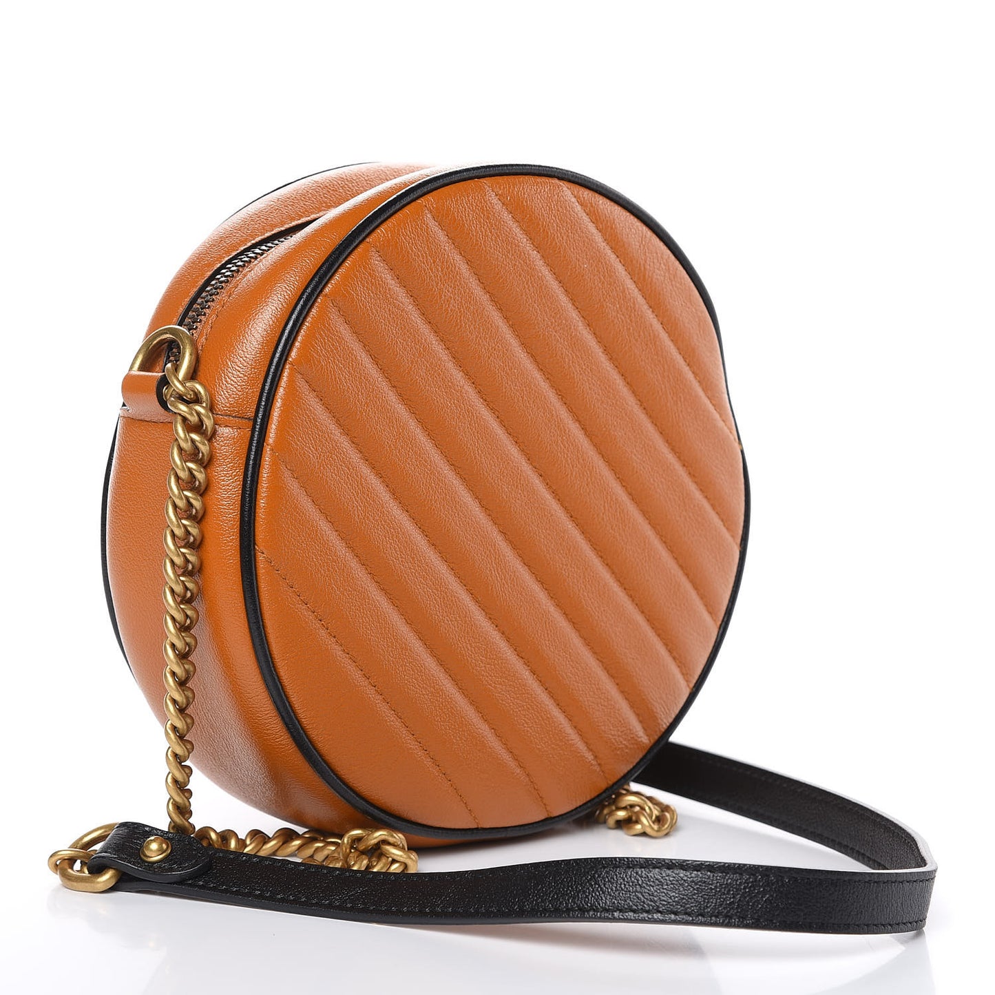 Azalea Calfskin Matelasse Diagonal Mini Torchon GG Marmont Round Shoulder Bag Cognac Black