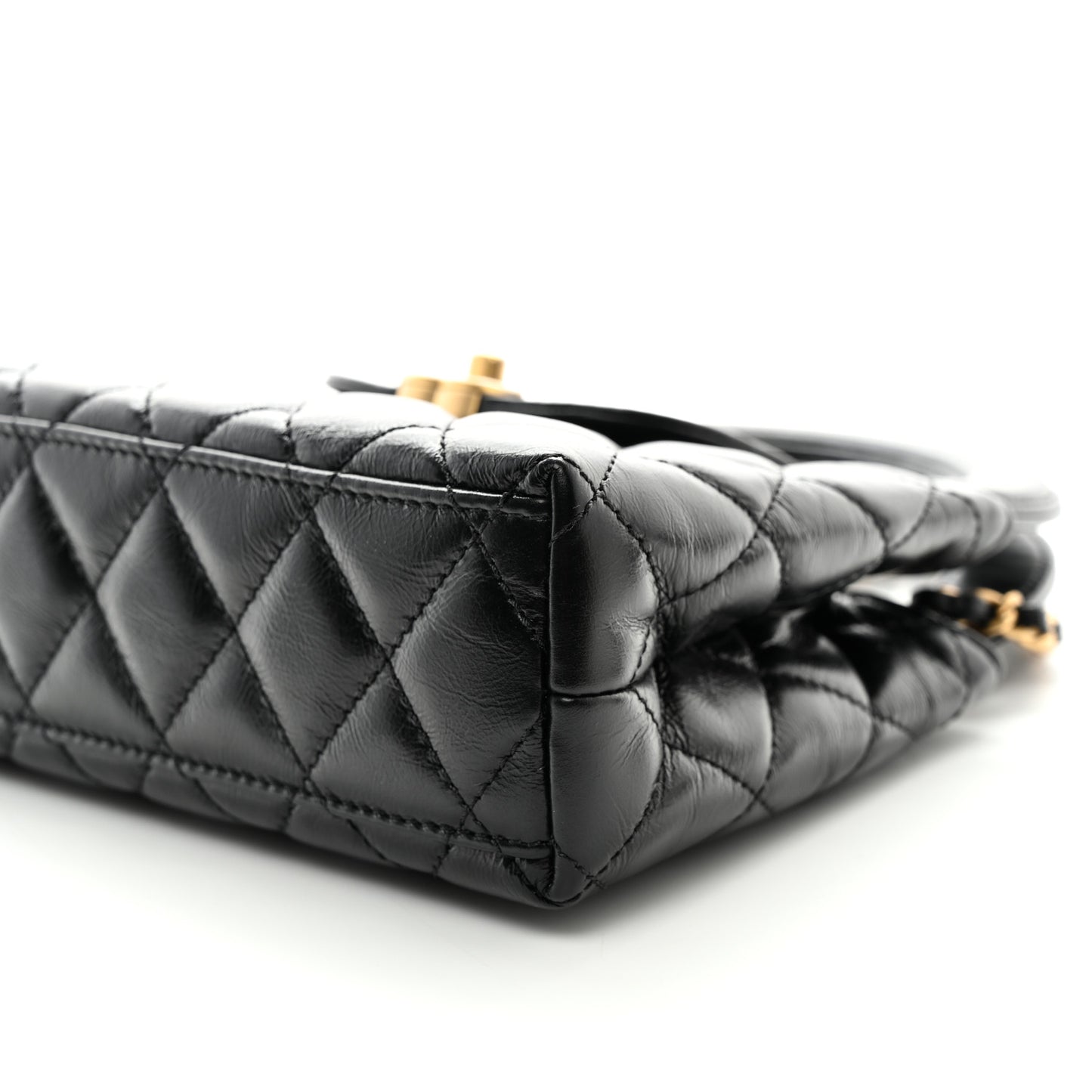 Shiny Aged Calfskin Quilted Nano Kelly Shopper Black