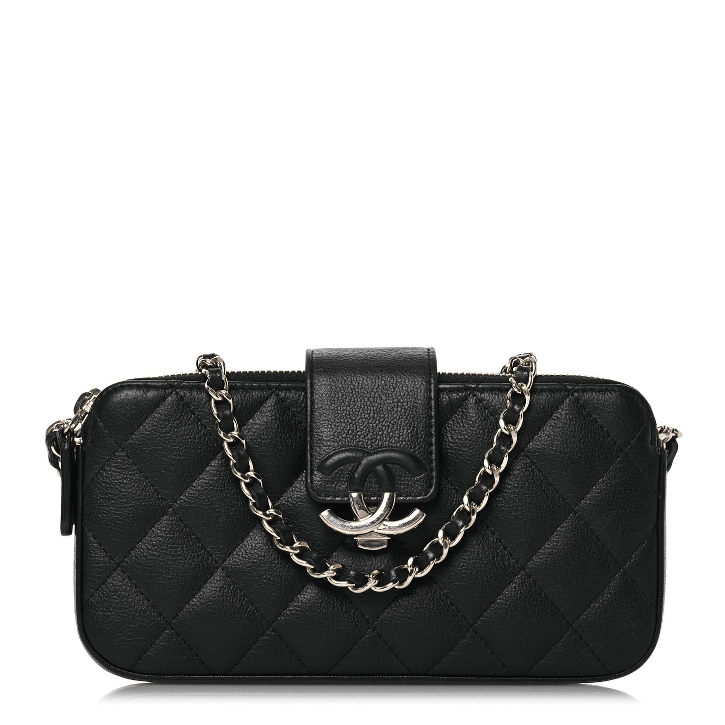 Goatskin Quilted CC Box Clutch With Chain Black