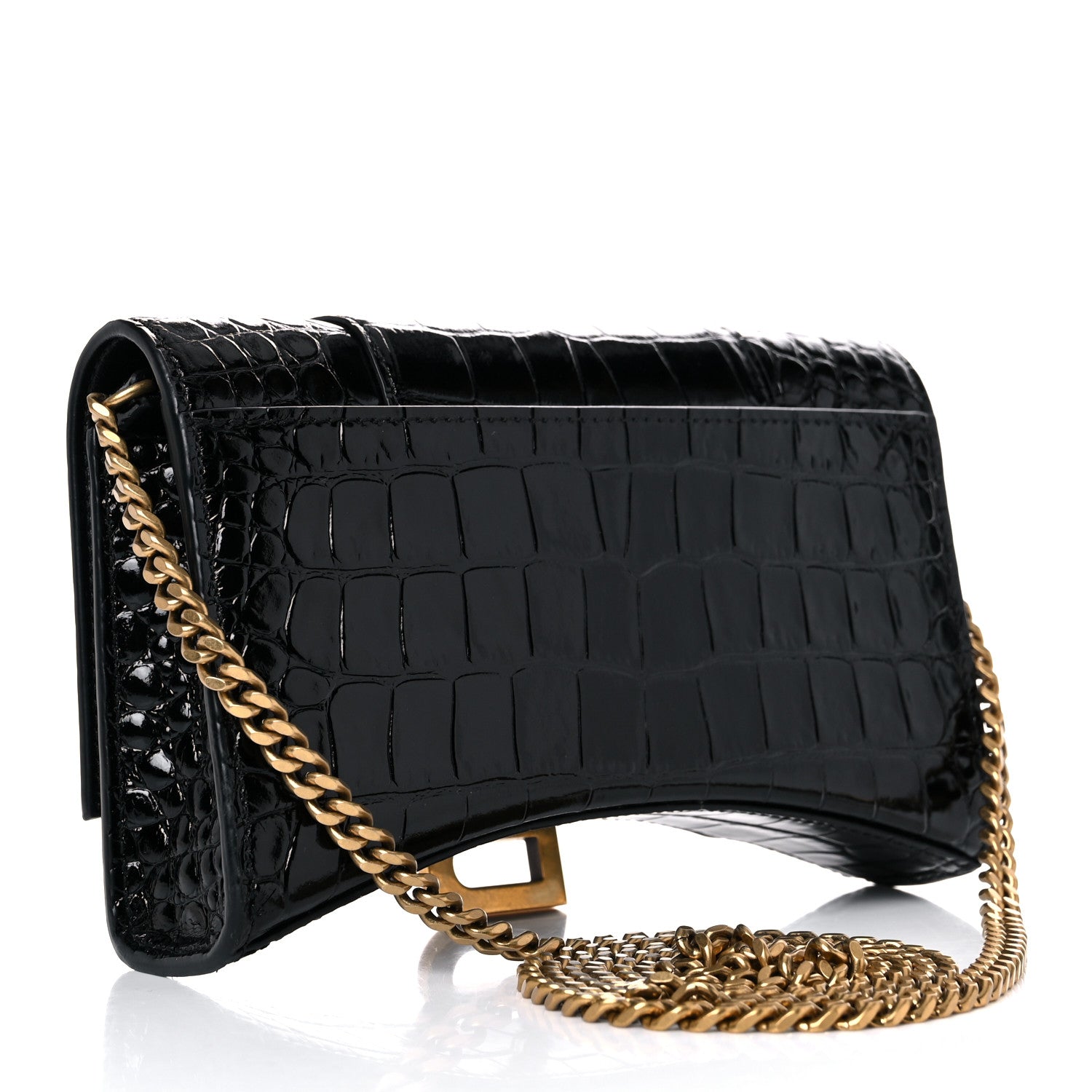 Balenciaga Shiny Calfskin Crocodile Embossed Hourglass Chain Bag Black 2 of 13