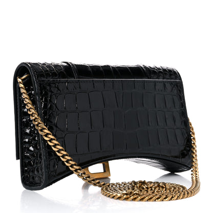 Balenciaga Shiny Calfskin Crocodile Embossed Hourglass Chain Bag Black 2 of 13