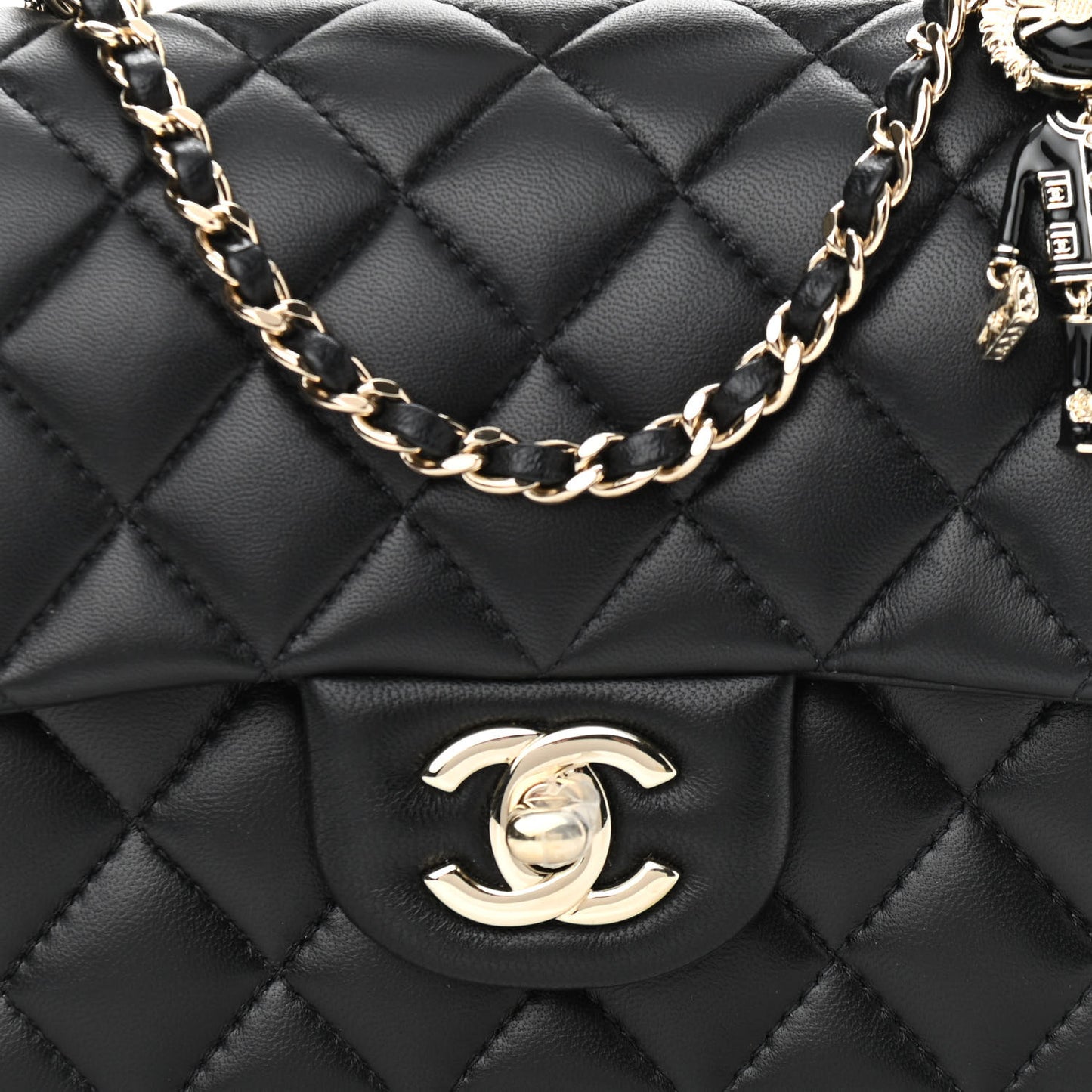 Lambskin Quilted Mini Lion Charm Top Handle Rectangular Flap Black