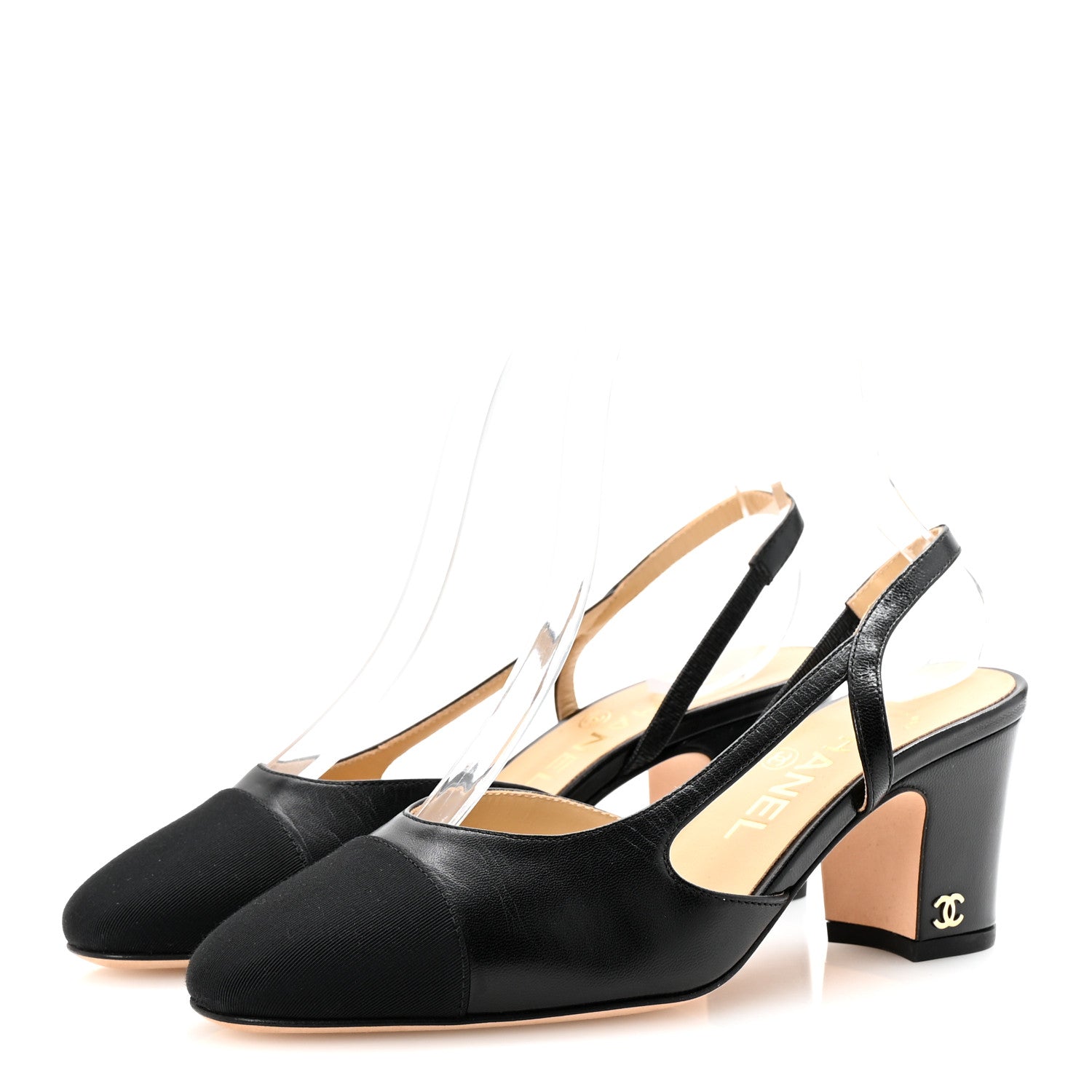 Chanel Goatskin Grosgrain Cap Toe CC Slingback Pumps 35 Black 4 of 9