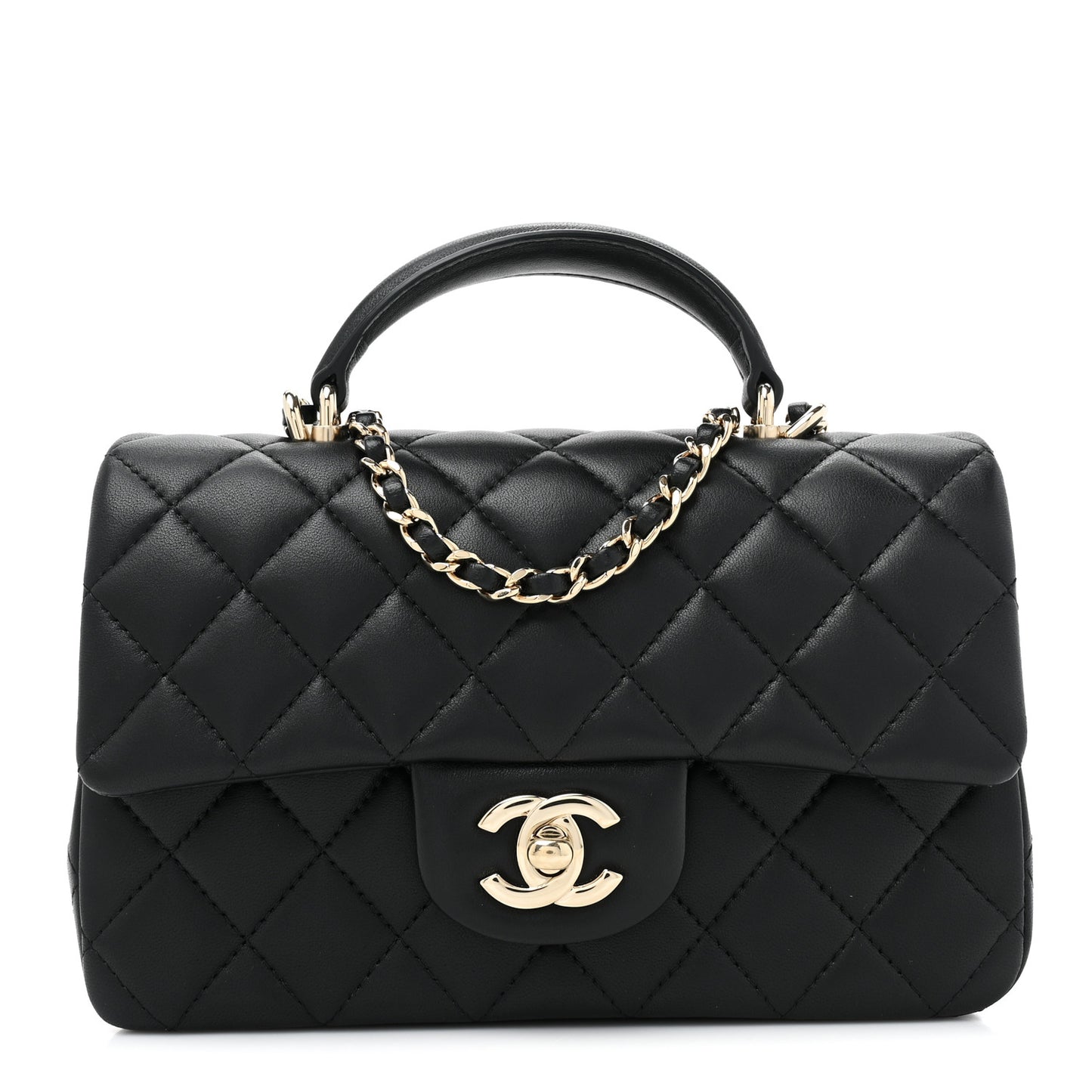 Lambskin Quilted Mini Top Handle Rectangular Flap Black