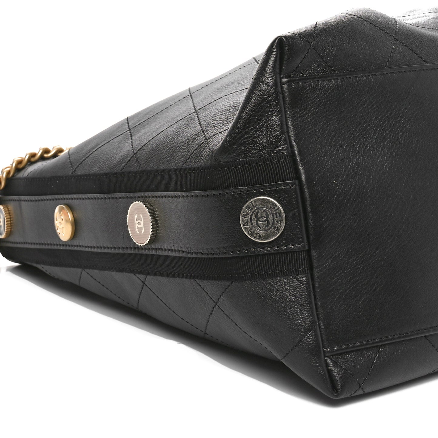 Calfskin Stitched Large Button Up Hobo Black