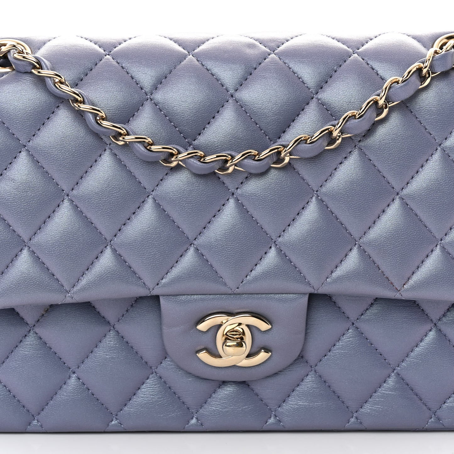 Metallic Lambskin Quilted Medium Double Flap Purple