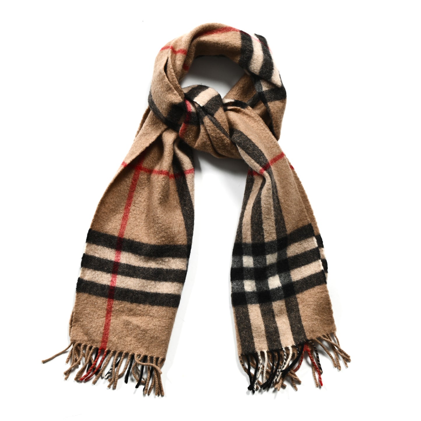 Cashmere Giant Check Fringe Scarf Camel