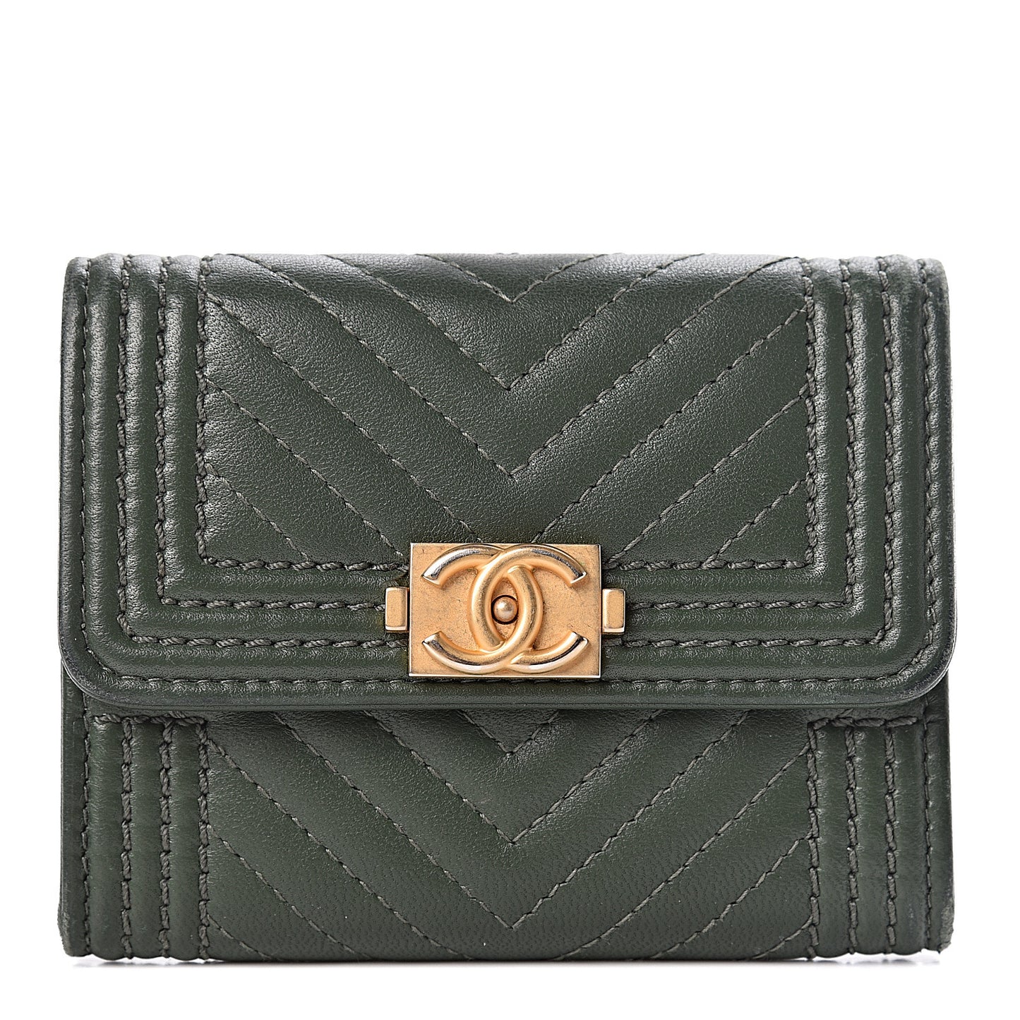 Lambskin Chevron Quilted Boy Card Holder Wallet Dark Green
