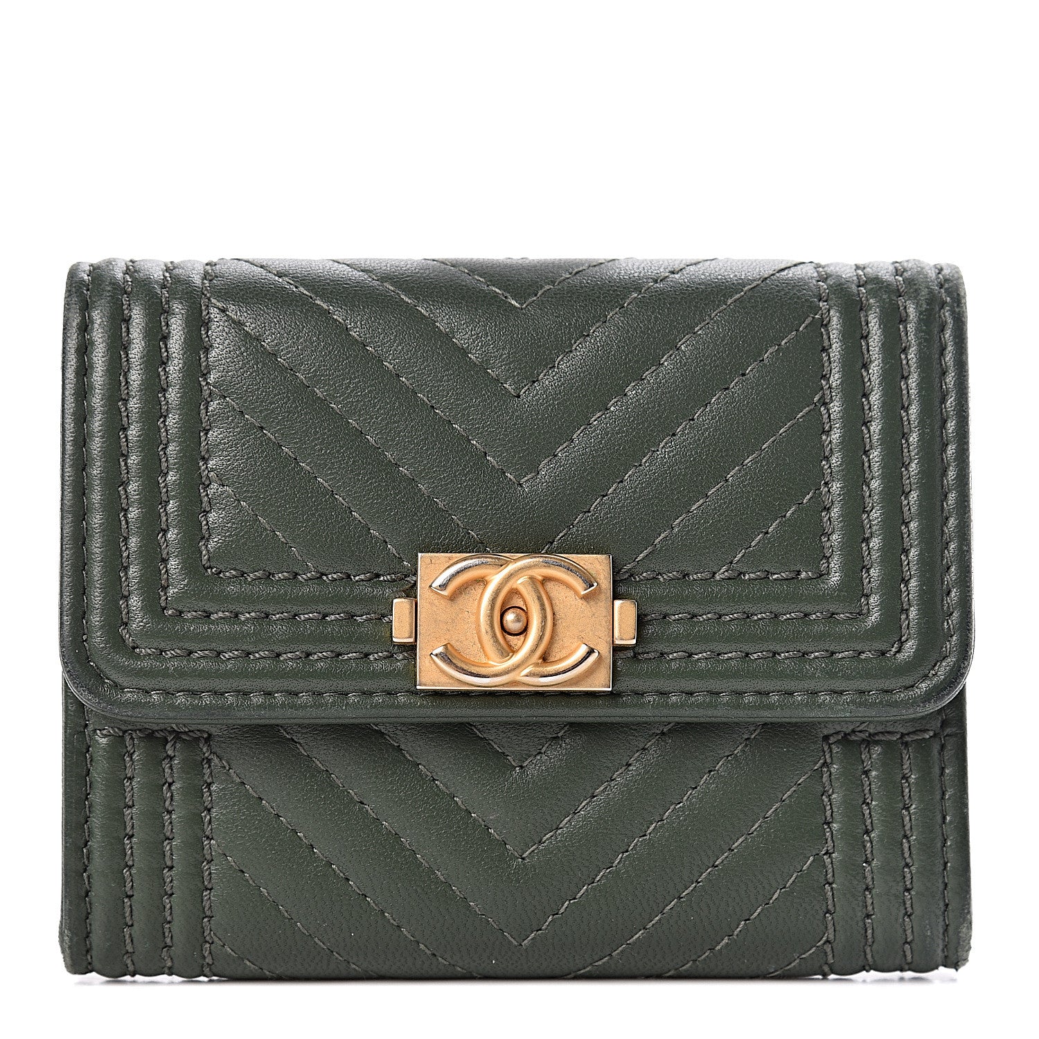 Chanel Lambskin Chevron Quilted Boy Card Holder Wallet Dark Green 1 of 9