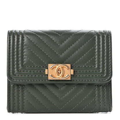 Chanel Lambskin Chevron Quilted Boy Card Holder Wallet Dark Green 1 of 9