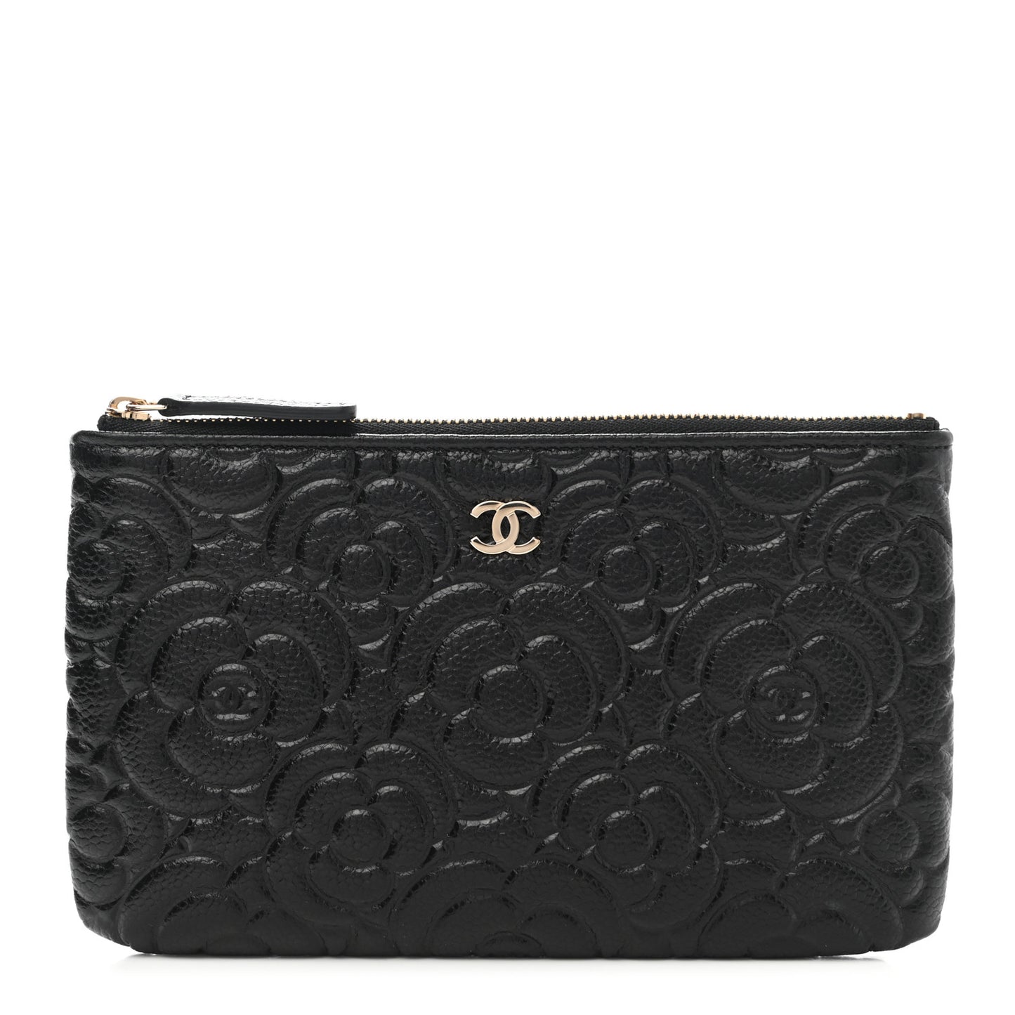 Caviar Camellia Embossed Small Pouch Black