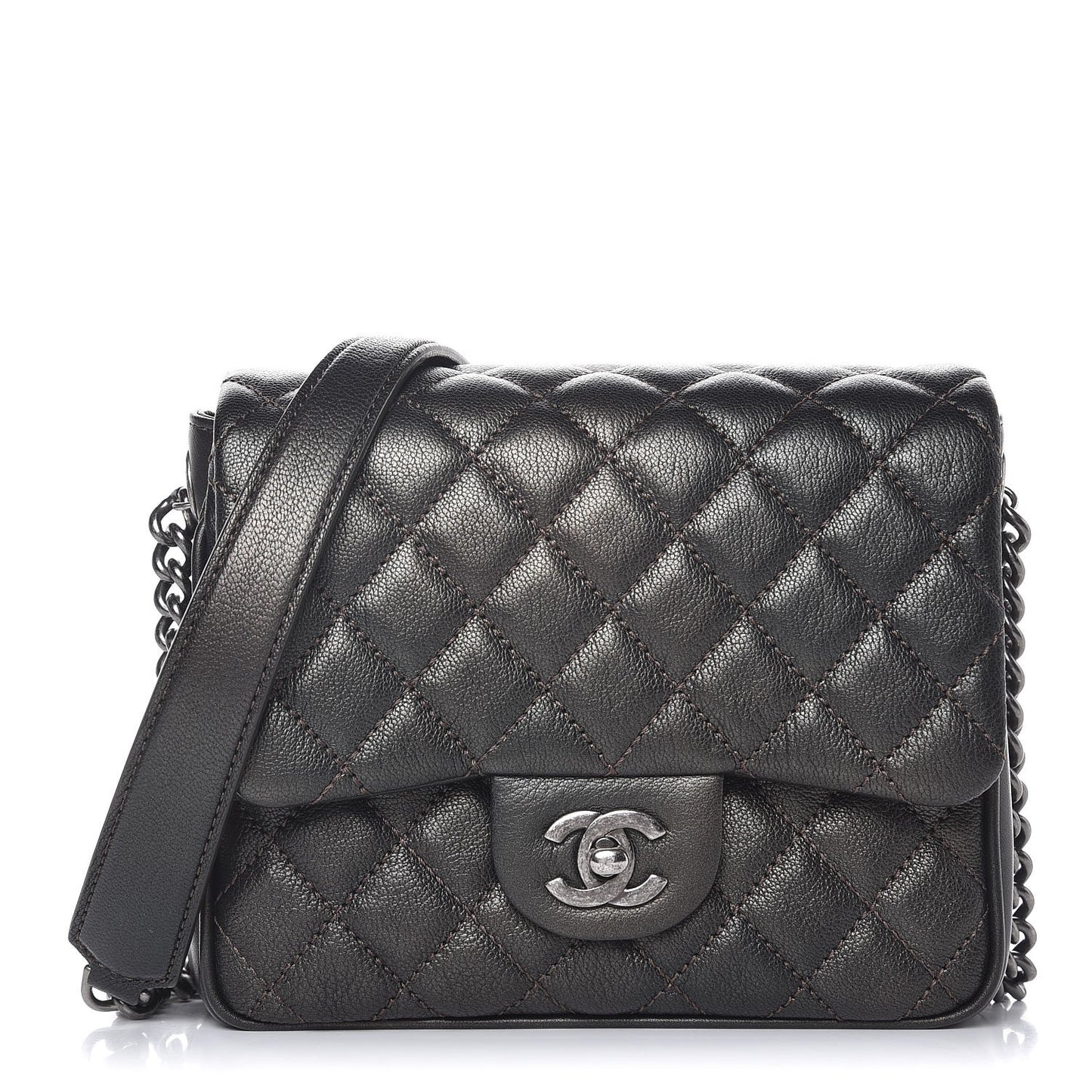 Metallic Goatskin Quilted Small Rock In Rome Flap Charcoal