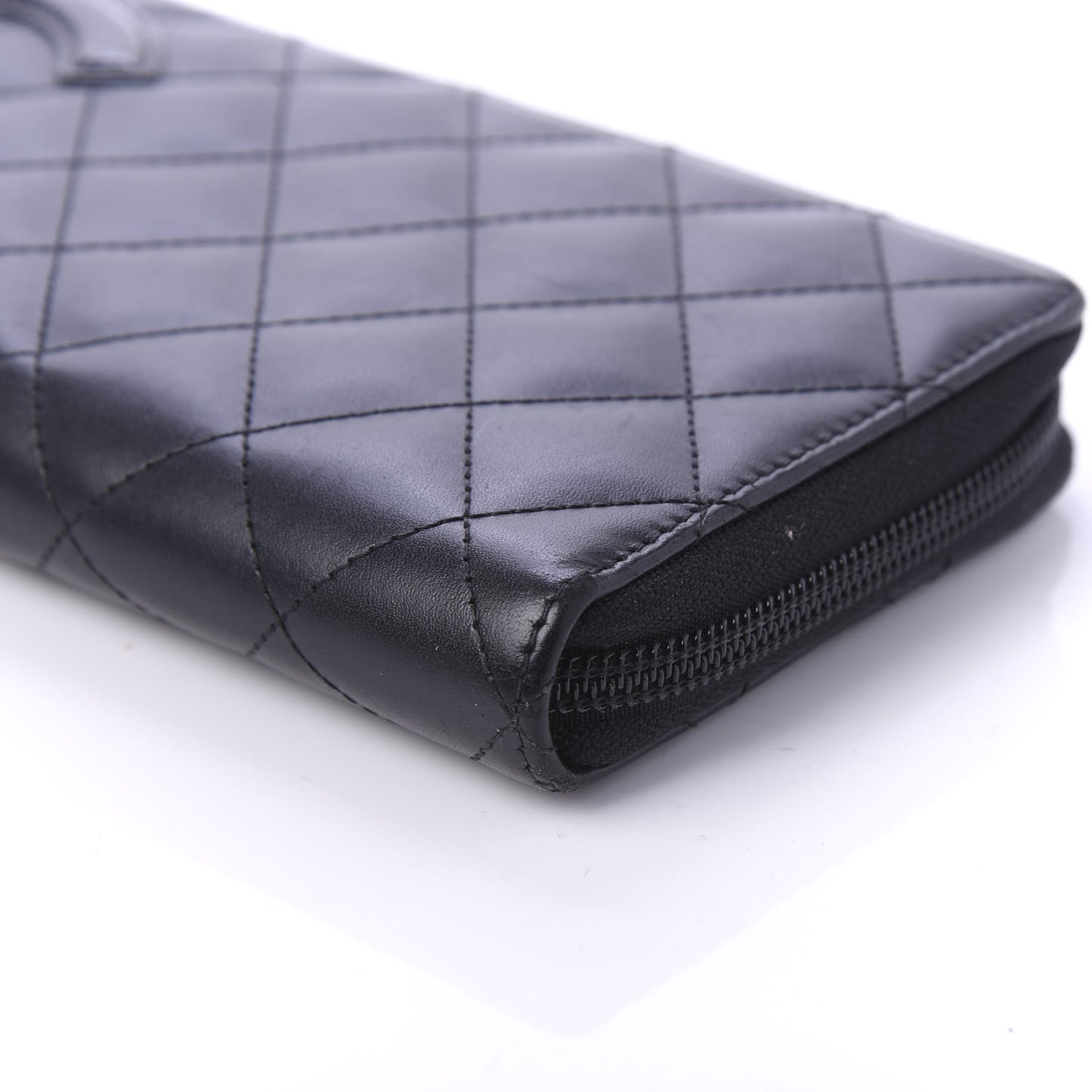 Calfskin Quilted Cambon Large Gusset Zip Around Wallet Black