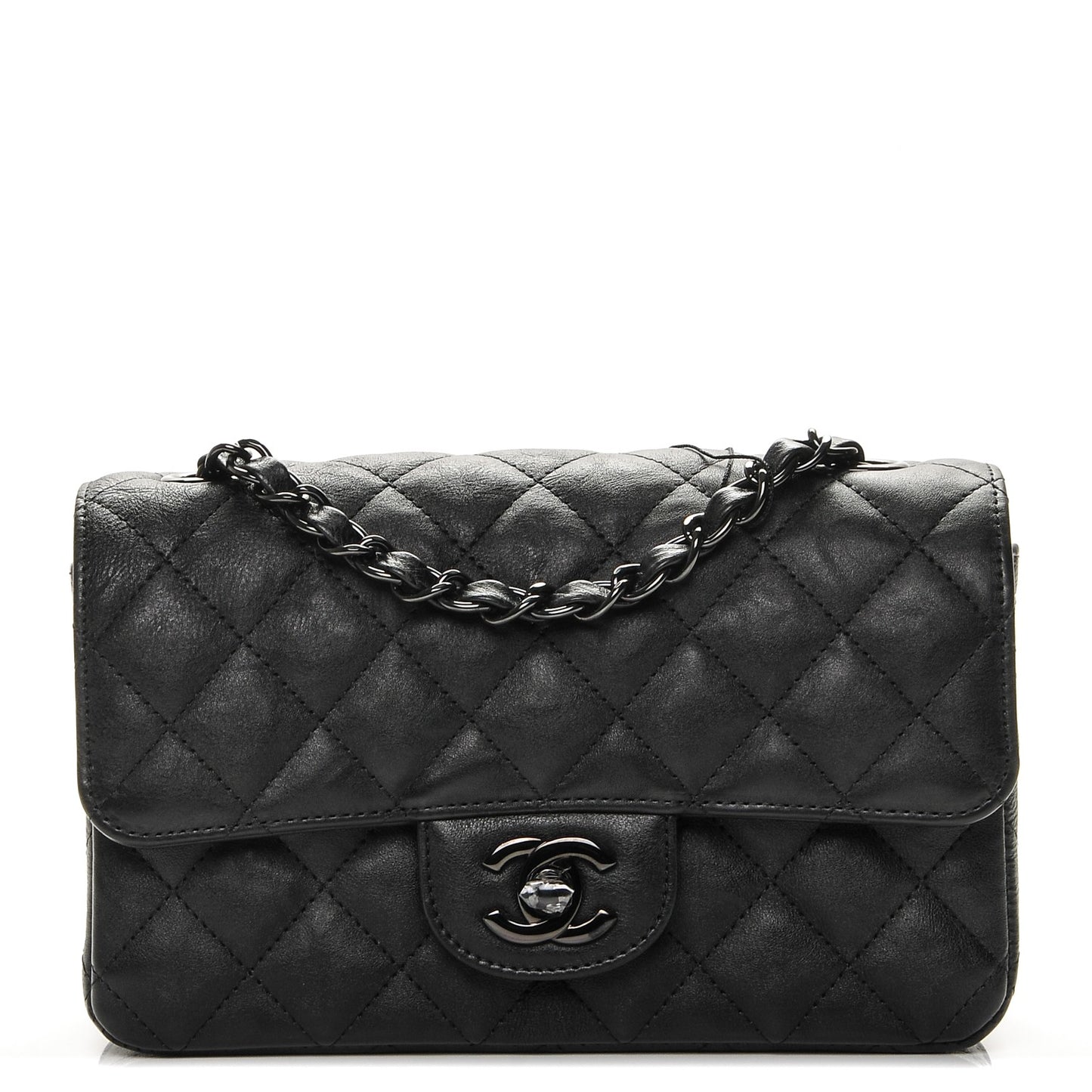 Crumpled Calfskin Quilted Mini Rectangular Flap So Black