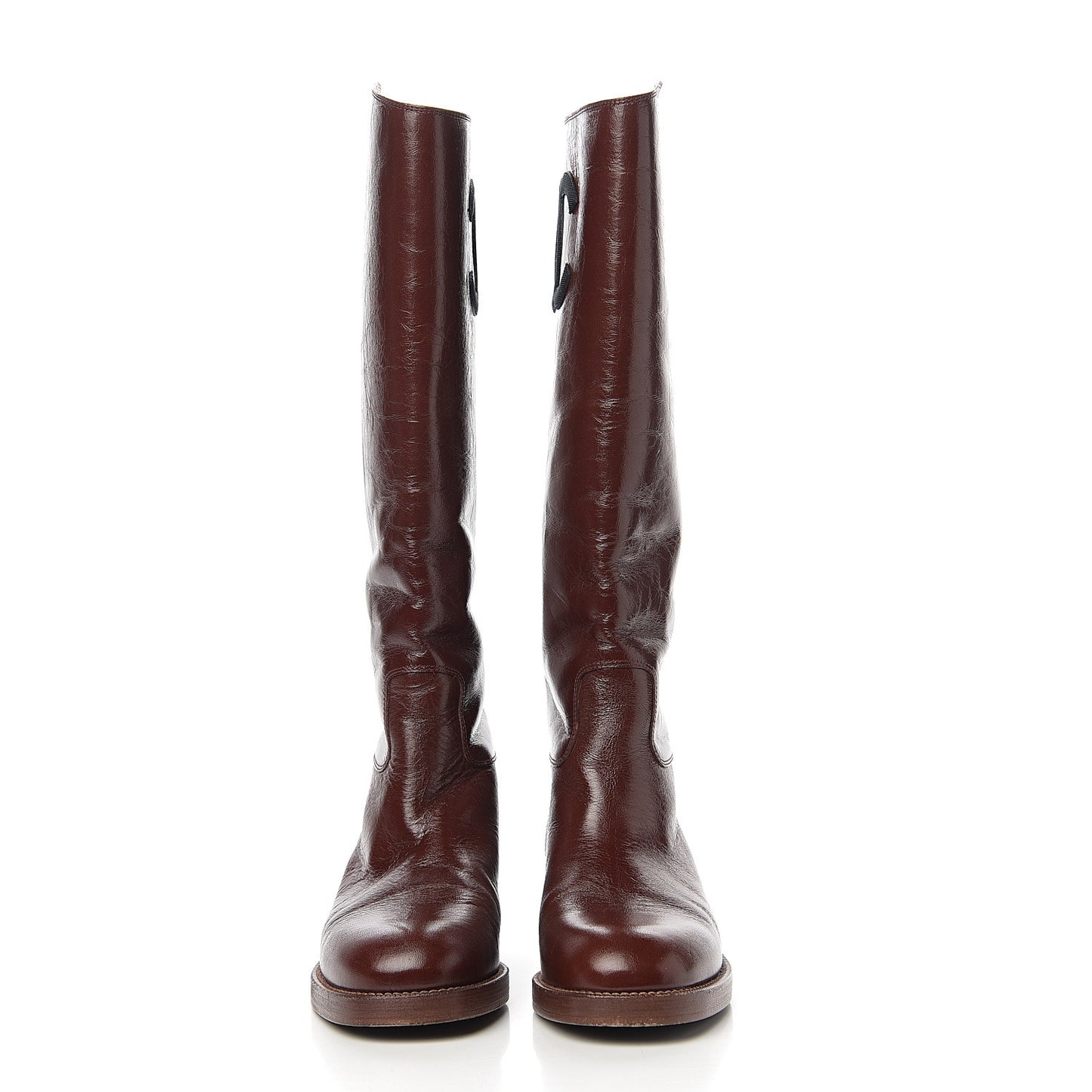 Aged Glazed Calfskin Grosgrain Knee High CC Boots 38.5 Brown Black