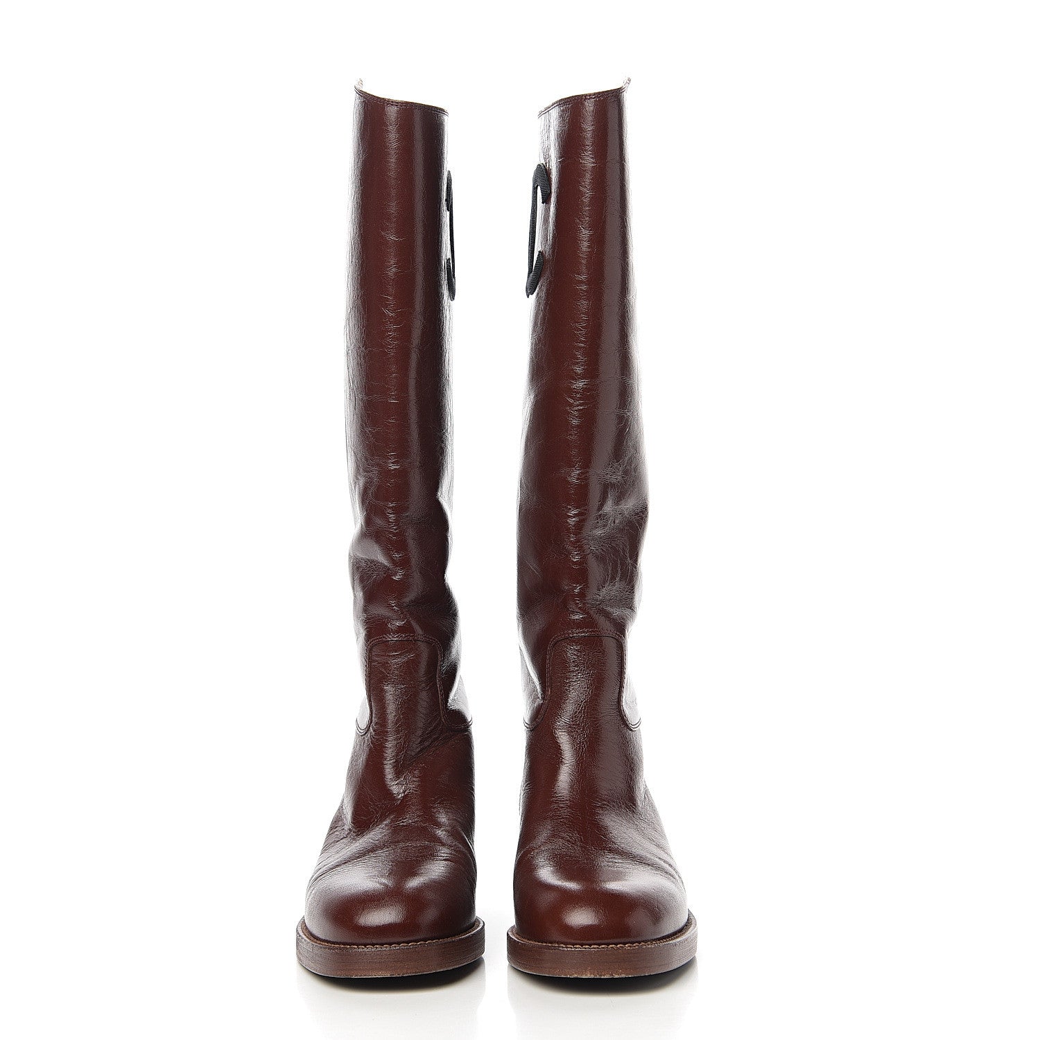 Chanel Aged Glazed Calfskin Grosgrain Knee High CC Boots 38.5 Brown Black 2 of 10