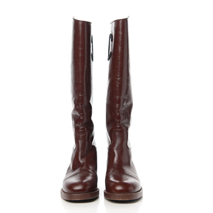 Chanel Aged Glazed Calfskin Grosgrain Knee High CC Boots 38.5 Brown Black 2 of 10