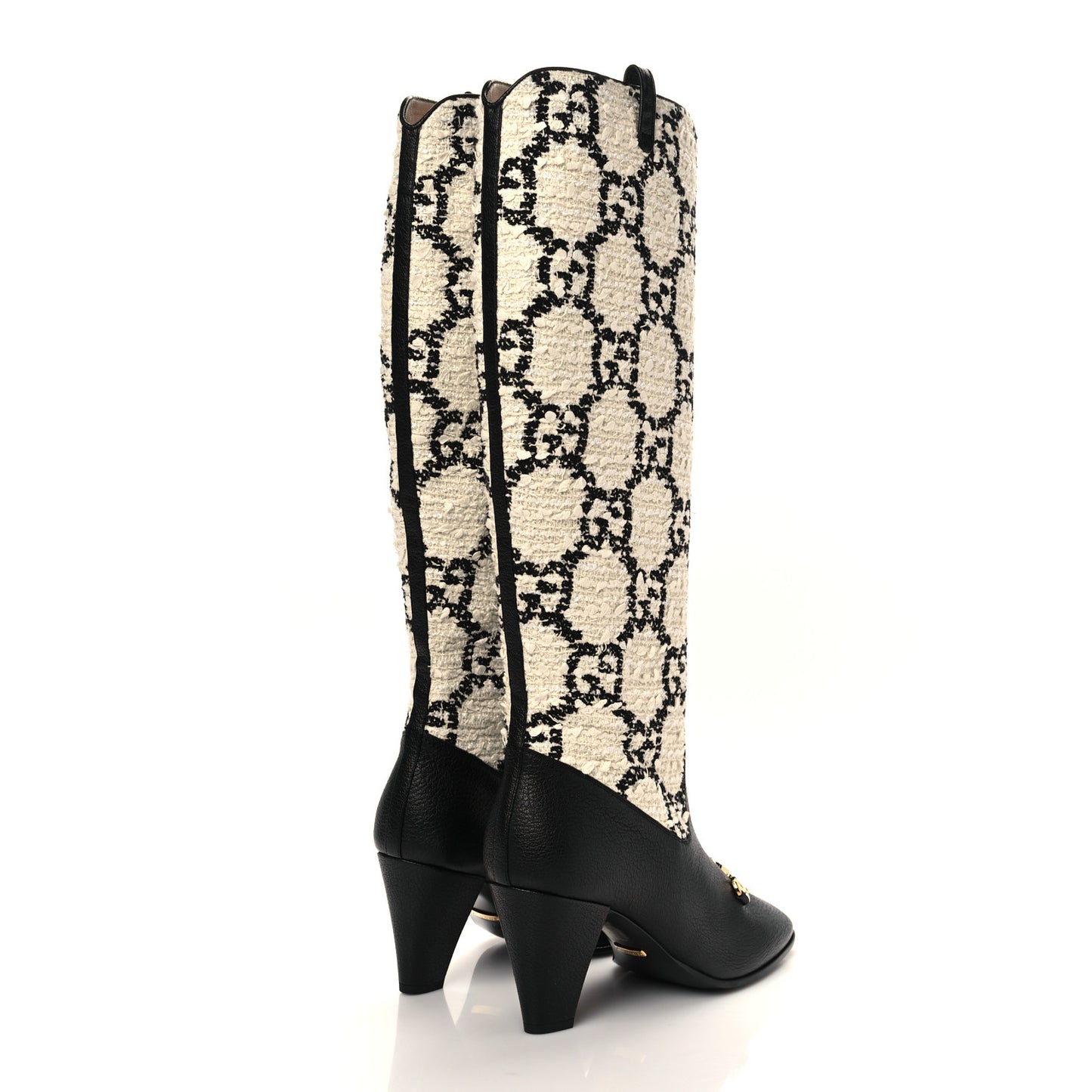 Tweed GG Monogram Wrinkled Kid Zumi Knee Boots 40 Natural Black