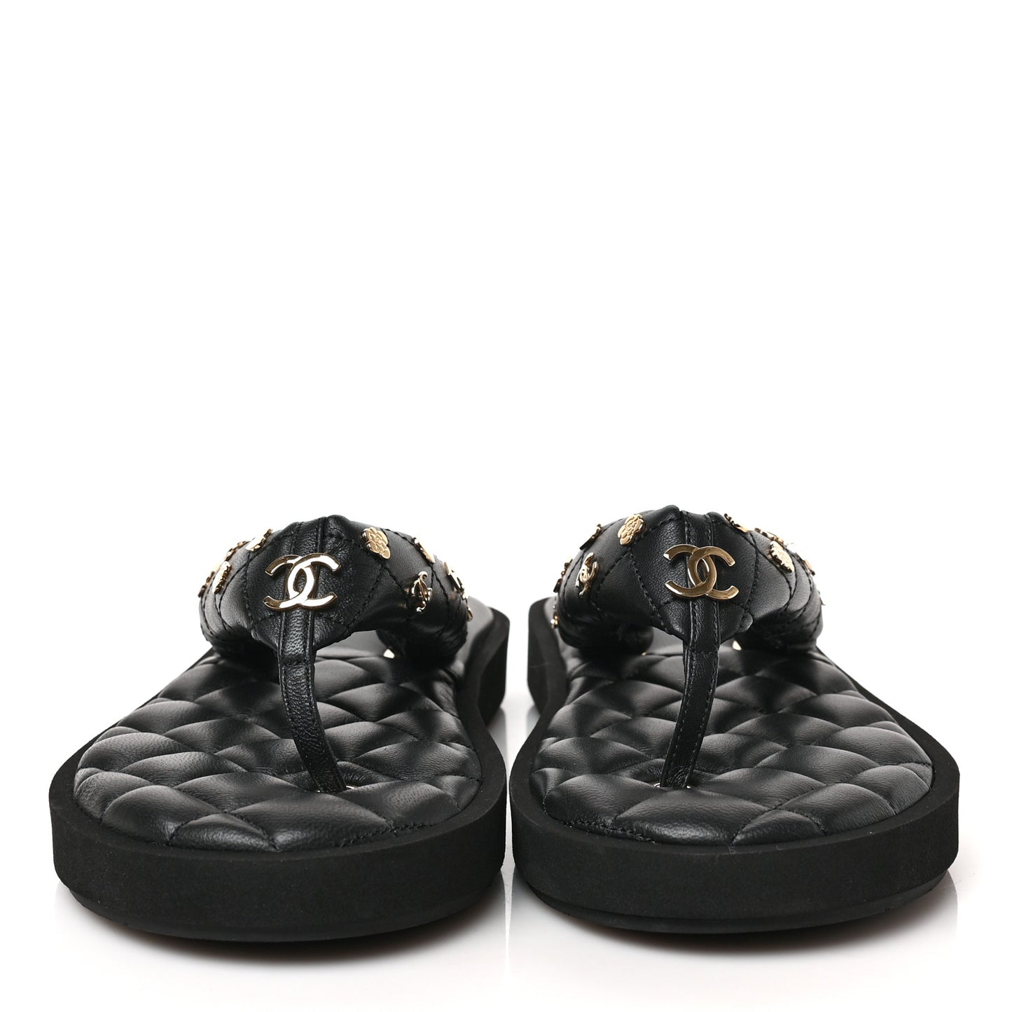 Lambskin Quilted Padded Charms Thong Sandals 39.5 Black