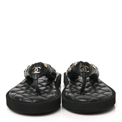 Chanel Lambskin Quilted Padded Charms Thong Sandals 39.5 Black 2 of 8