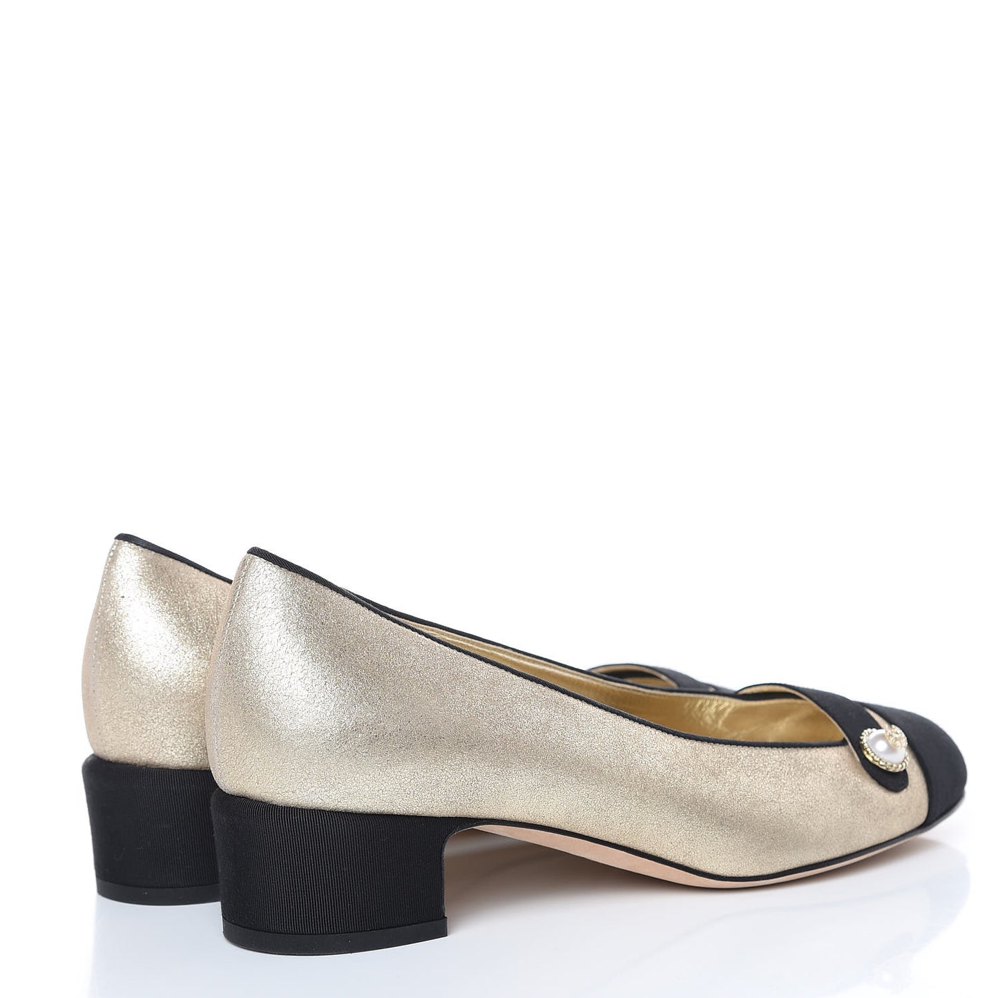 Metallic Lambskin Grosgrain Cap Toe Pearl Pumps 37.5 Gold Black