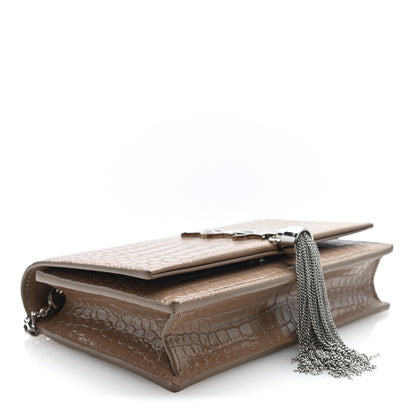 Saint Laurent Calfskin Crocodile Embossed Kate Monogram Tassel Chain Wallet Dark Beige Dark Beige 4 of 9
