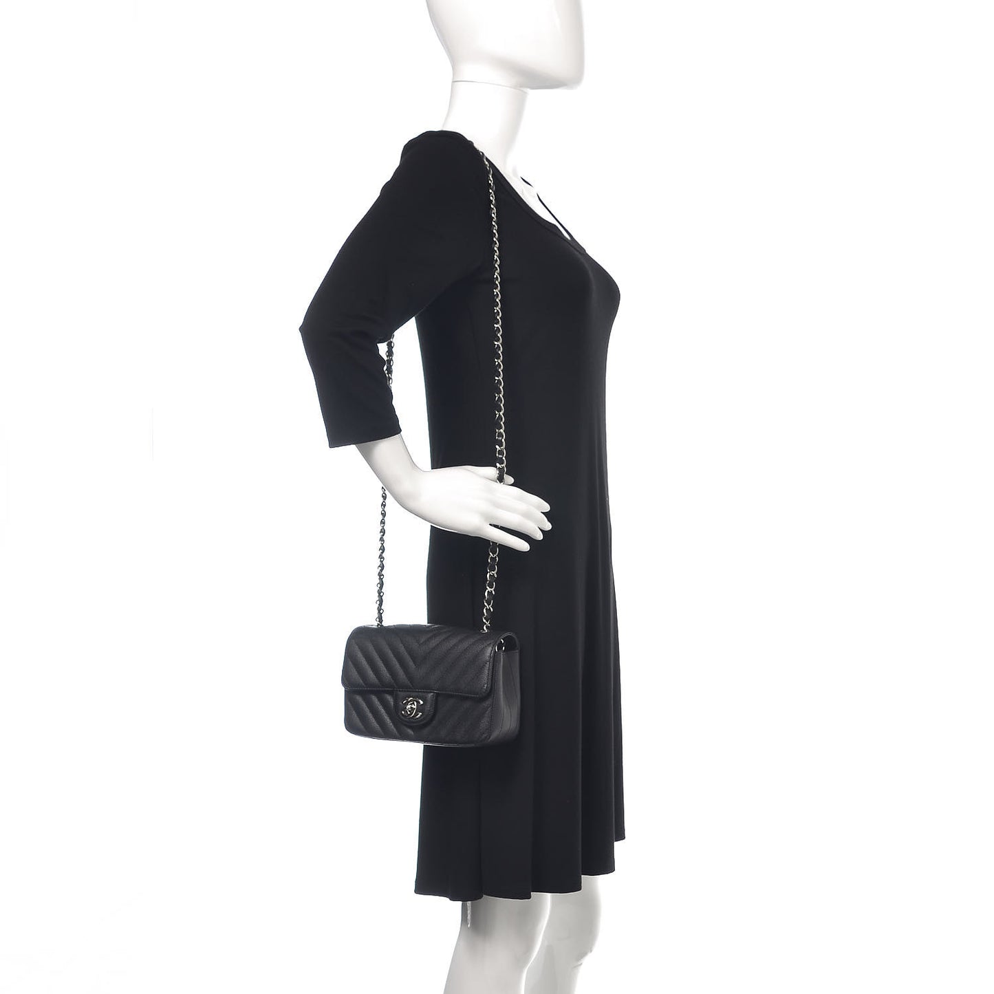 Caviar Chevron Quilted Mini Rectangular Flap Black
