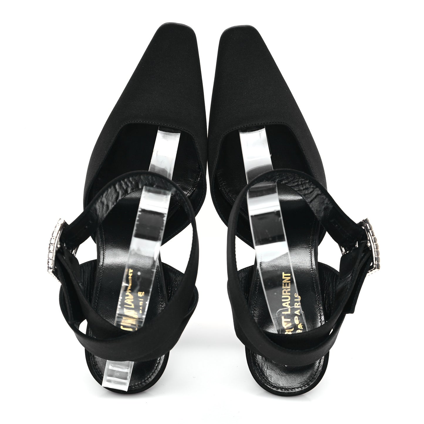 Crepe Satin Crystal Buckle Claude 110 Slingback Pumps 38 Black
