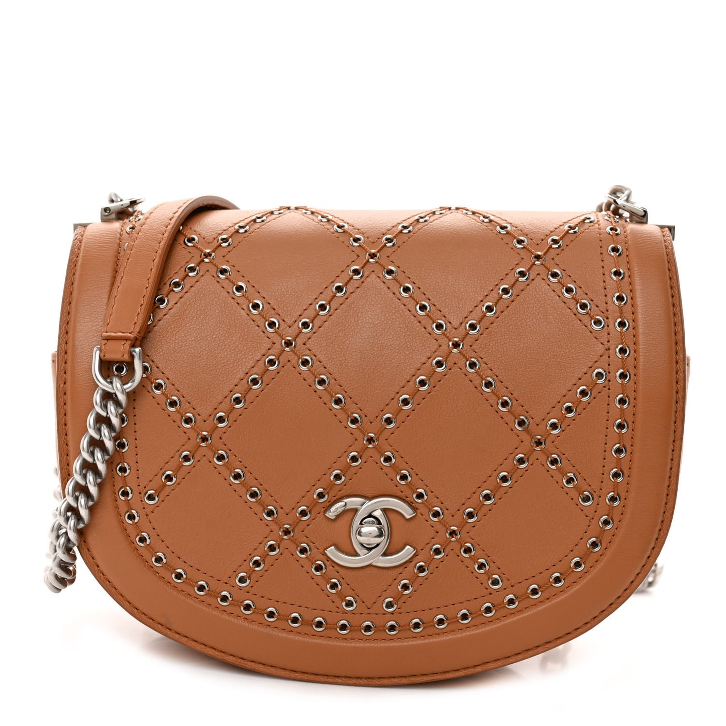 Calfskin Coco Eyelets Small Flap Bag Camel