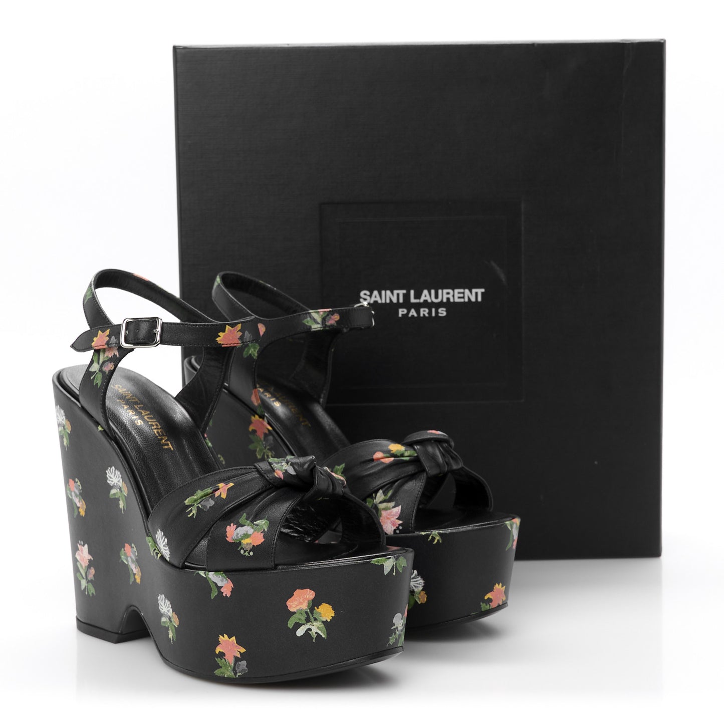 Nappa Calfskin Grunge Flower Printed Candy 85 Platform Wedge Sandals 37.5 Black Multicolor