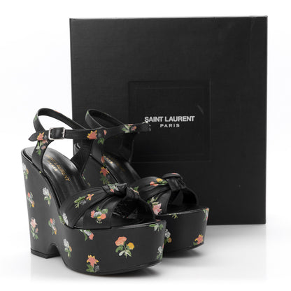 Saint Laurent Nappa Calfskin Grunge Flower Printed Candy 85 Platform Wedge Sandals 37.5 Black Multicolor 10 of 10