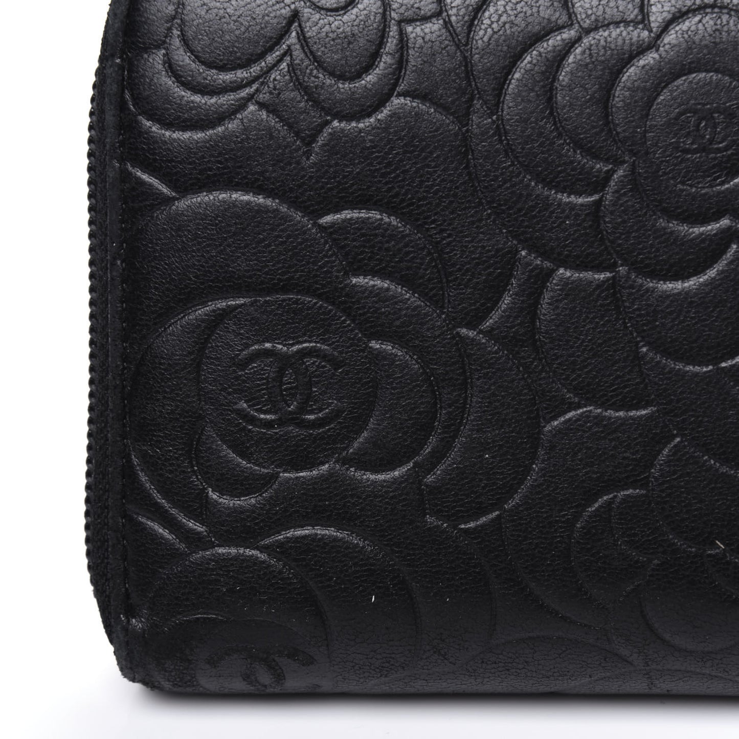 Lambskin Camellia Embossed Large Zip Around Gusset Wallet Black