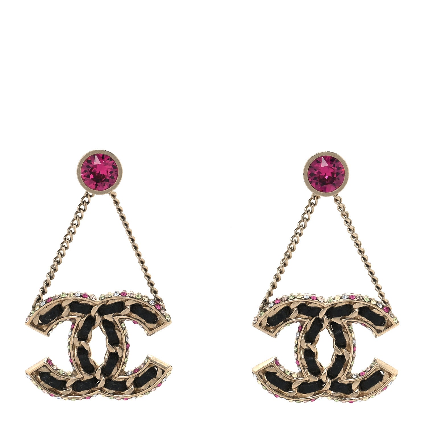 Chanel Metal Lambskin Crystal CC Chain Drop Earrings Black Gold Pink Multicolor 1 of 5