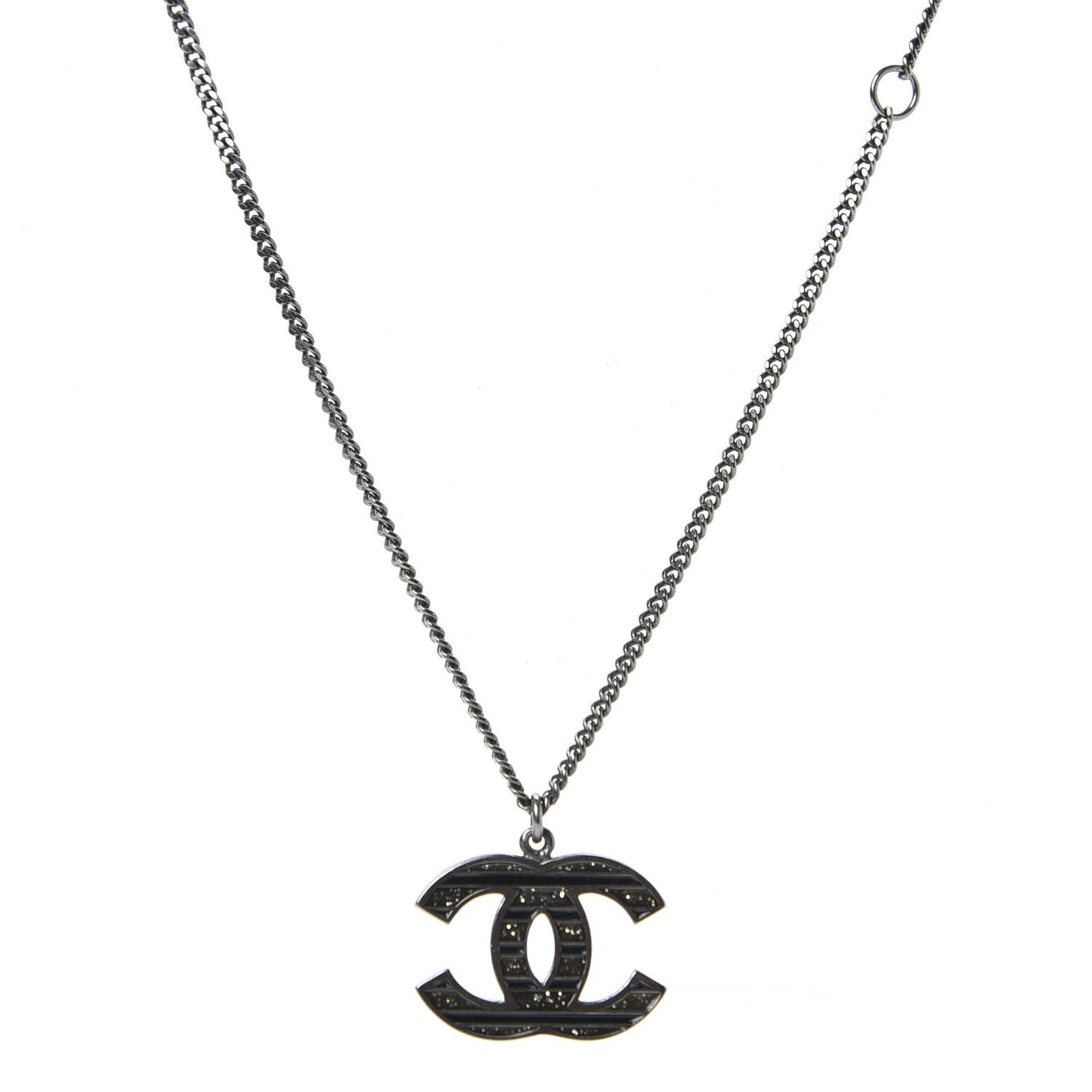 Crystal Enamel Striped CC Necklace Ruthenium Black