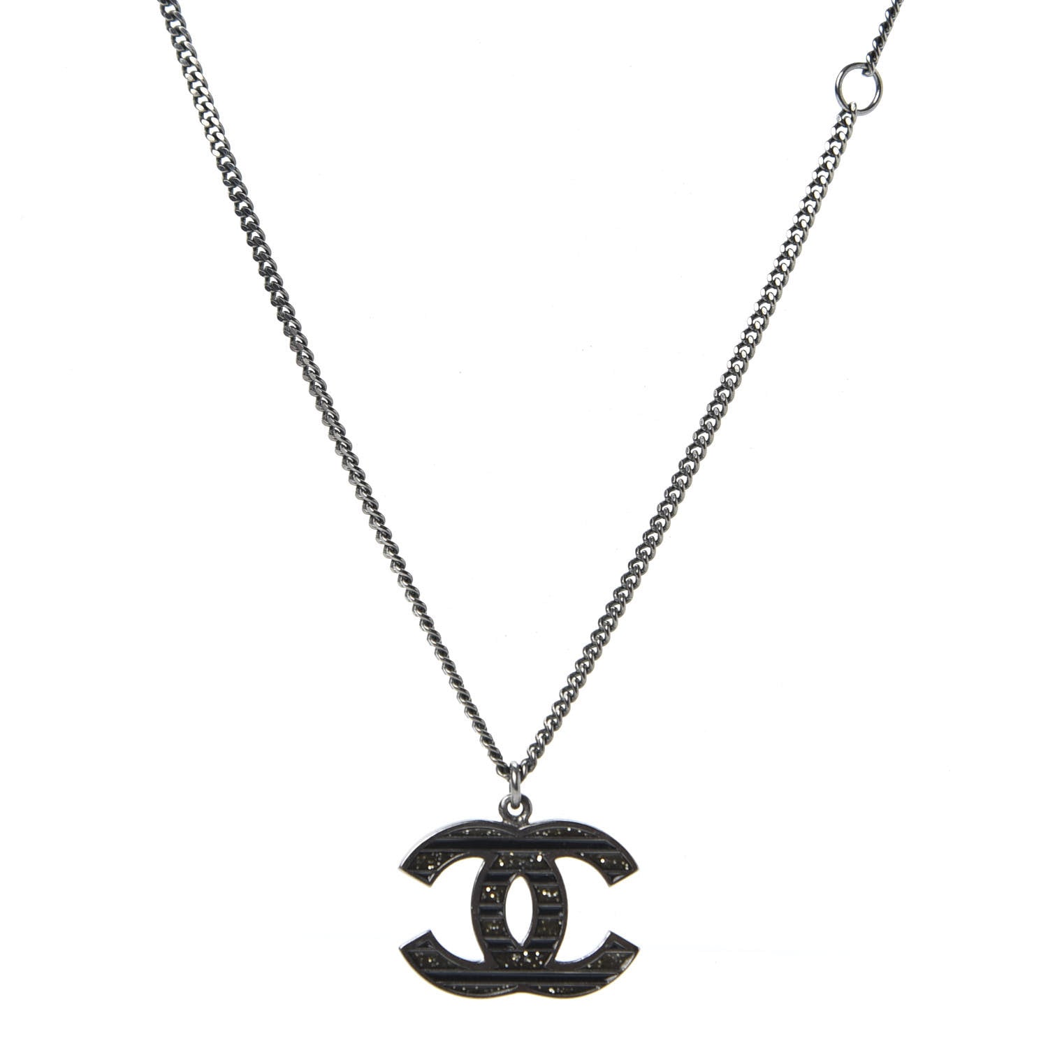 Chanel Crystal Enamel Striped CC Necklace Ruthenium Black 3 of 4