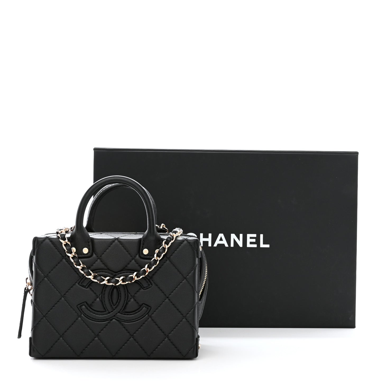 Calfskin Quilted Small Studded Square Vanity Case Black