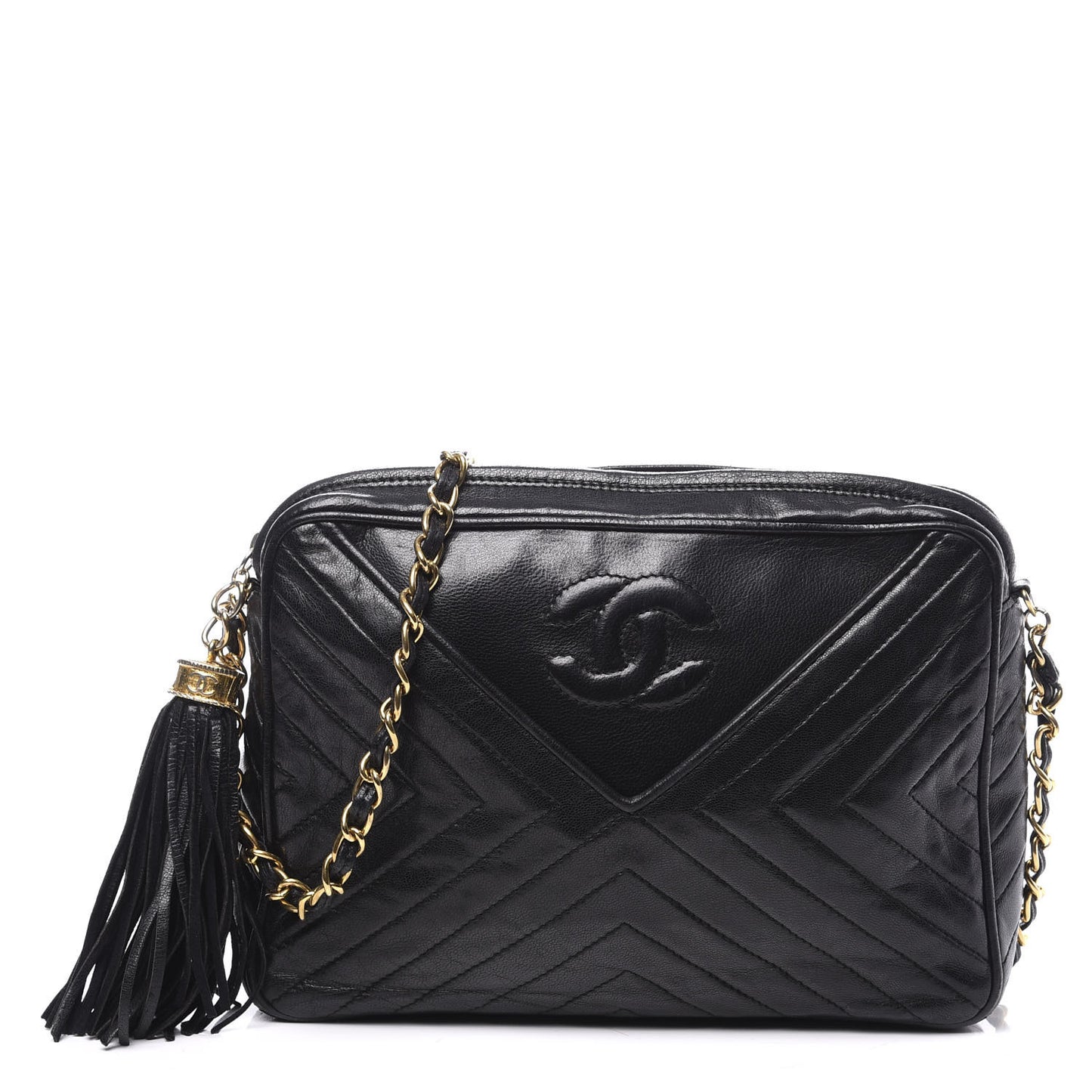 Lambskin Chevron Quilted Tassel Camera Case Black