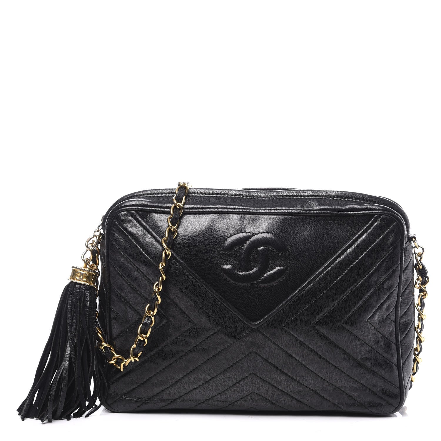 Chanel Lambskin Chevron Quilted Tassel Camera Case Black 1 of 11